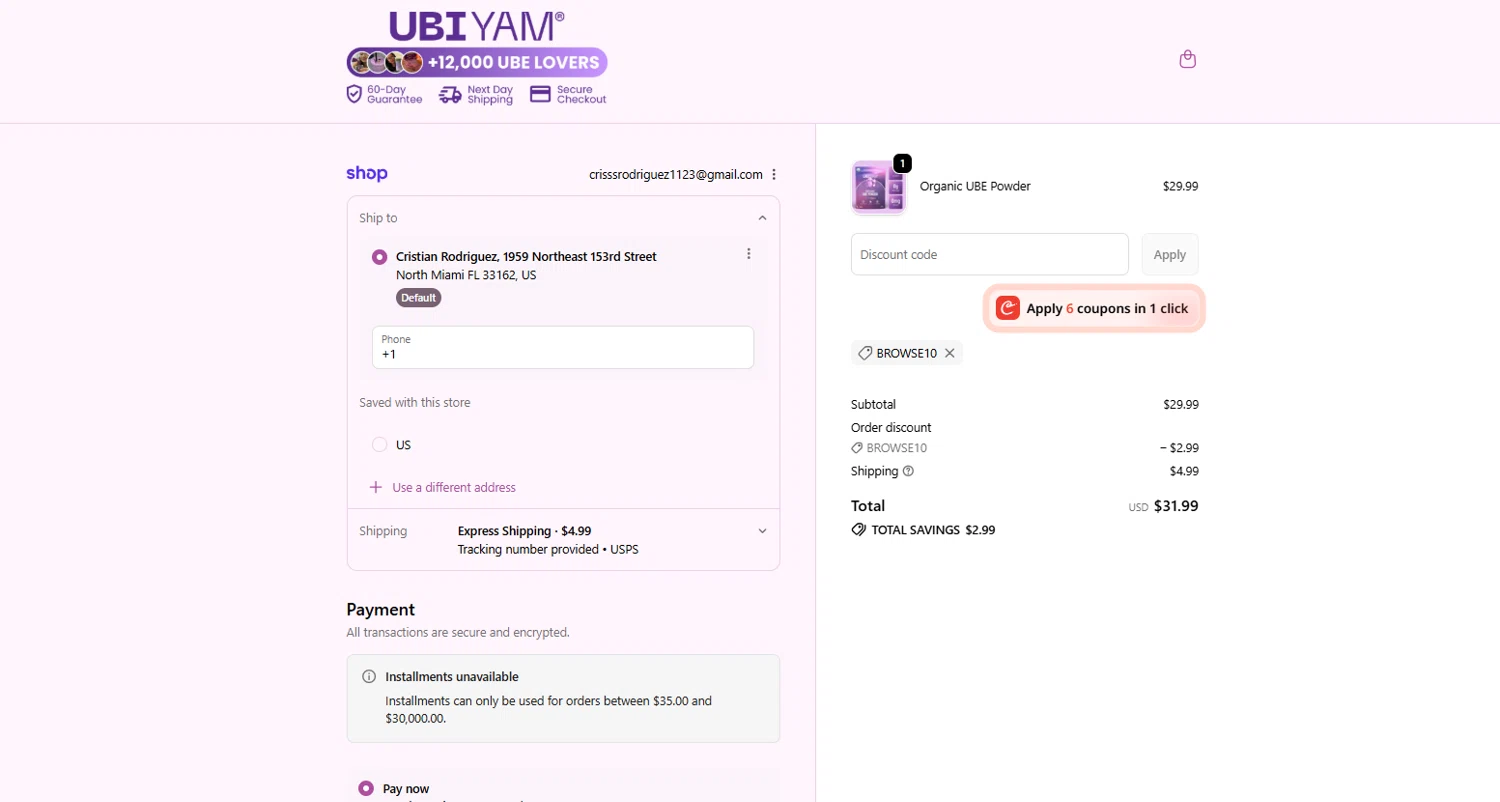 UBIYAM promo code screenshot showing code BROWSE10 applied at UBIYAM checkout page. Uploaded by SimplyCodes community member NiceDeals on Jun 20, 2026