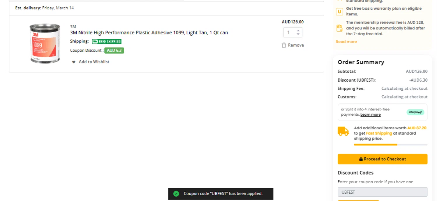 Ubuy Australia discount code screenshot showing code UBFEST applied at Ubuy Australia checkout page. Uploaded by SimplyCodes community member RewardFinder4836 on Jan 8, 2025