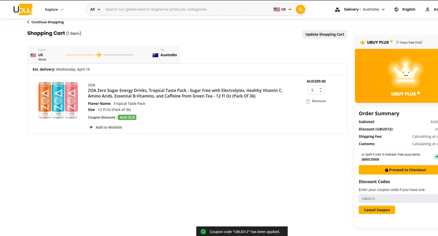 Ubuy Australia discount code screenshot showing code UBUD12 applied at Ubuy Australia checkout page. Uploaded by SimplyCodes community member D_9278 on Apr 8, 2025