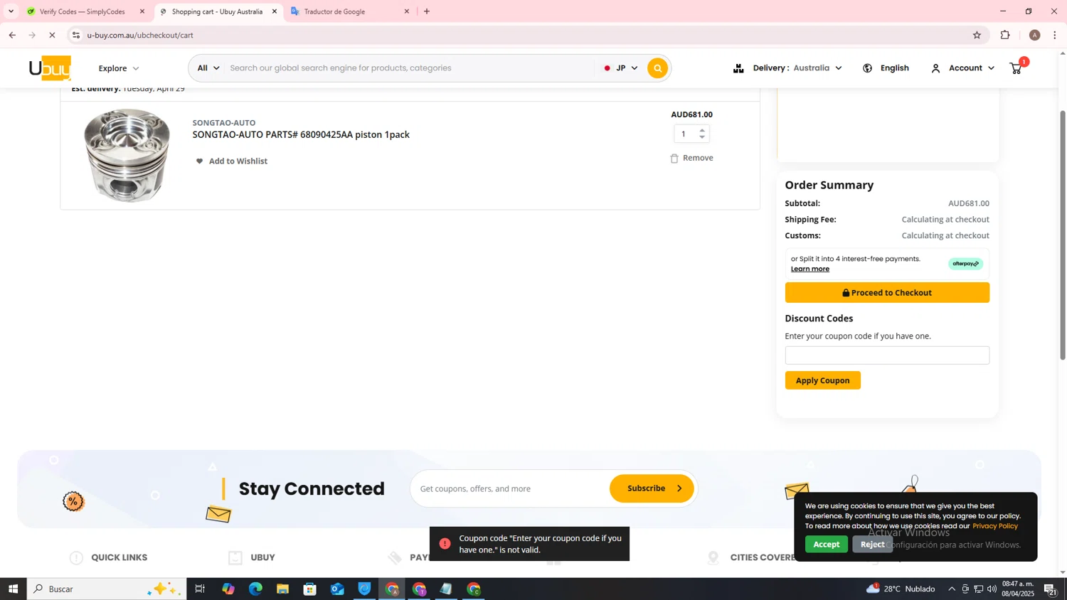 Ubuy Australia discount code screenshot showing code UBUD12 applied at Ubuy Australia checkout page. Uploaded by SimplyCodes community member SwiftSage2309 on Apr 8, 2025