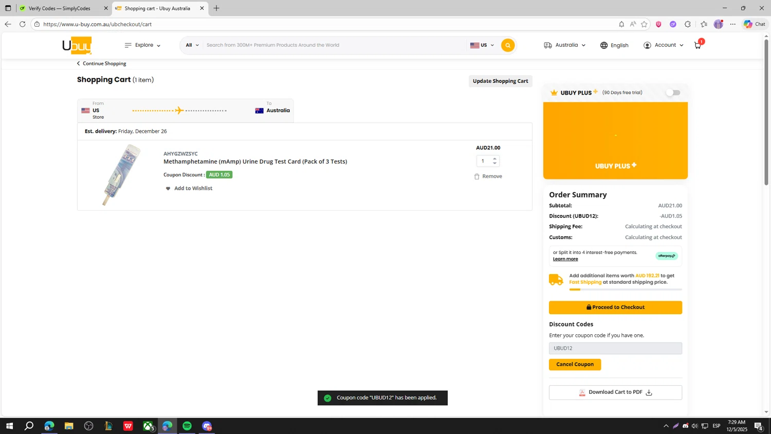 Ubuy Australia discount code screenshot showing code UBUD12 applied at Ubuy Australia checkout page. Uploaded by SimplyCodes community member fghfgefds2 on Dec 5, 2025