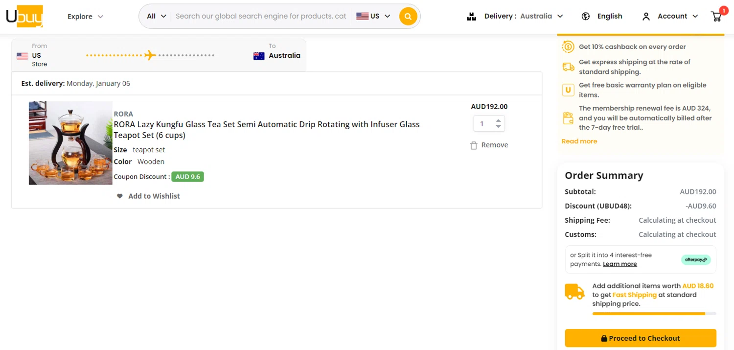 Ubuy Australia discount code screenshot showing code UBUD48 applied at Ubuy Australia checkout page. Uploaded by SimplyCodes community member Yossoy on Dec 29, 2024