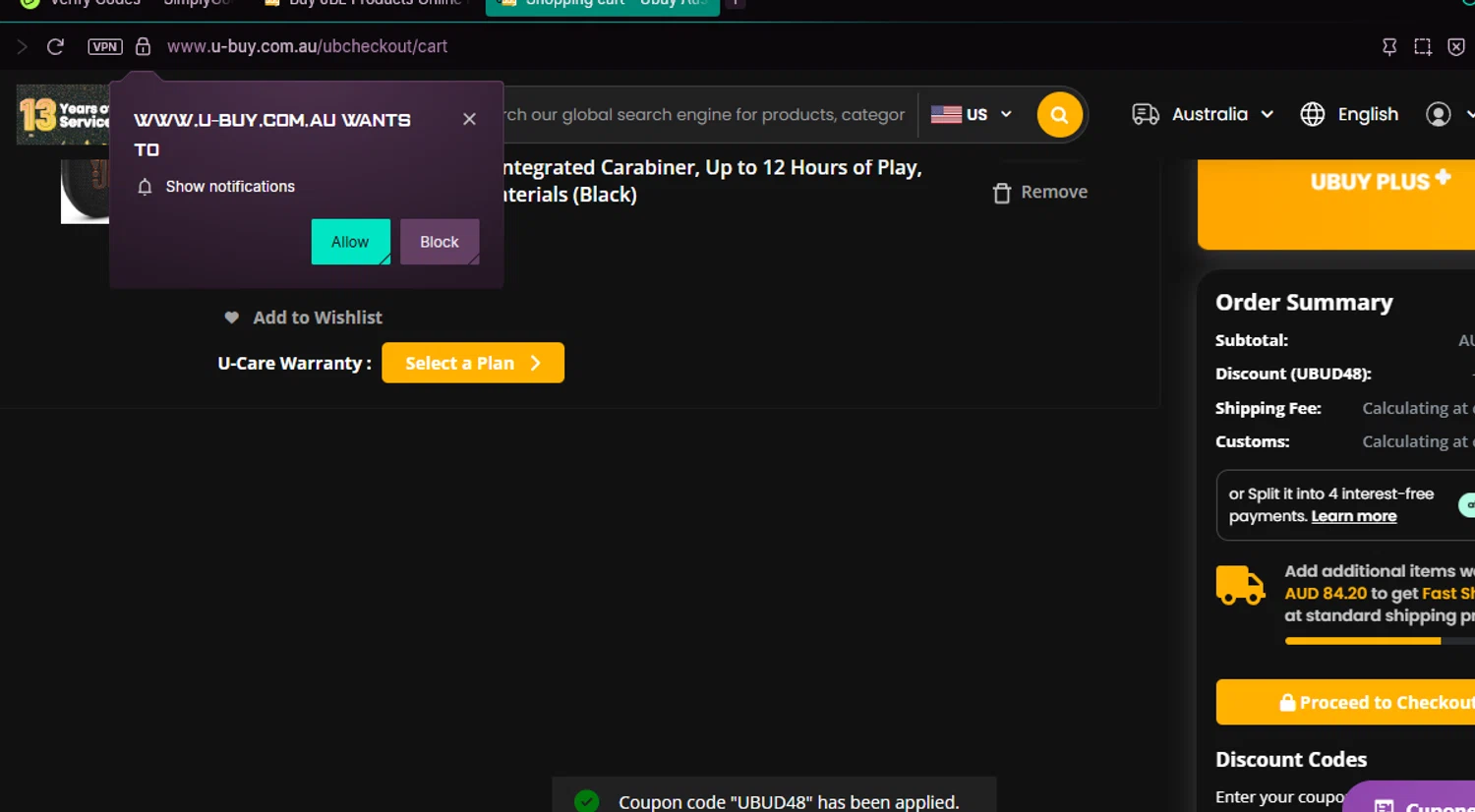 Ubuy Australia discount code screenshot showing code UBUD48 applied at Ubuy Australia checkout page. Uploaded by SimplyCodes community member chepipi on Jul 17, 2025