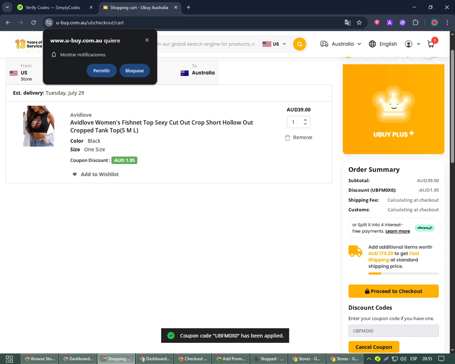 Ubuy Australia discount code screenshot showing code UBFM0X0 applied at Ubuy Australia checkout page. Uploaded by SimplyCodes community member Joseph_Davis on Jul 21, 2025