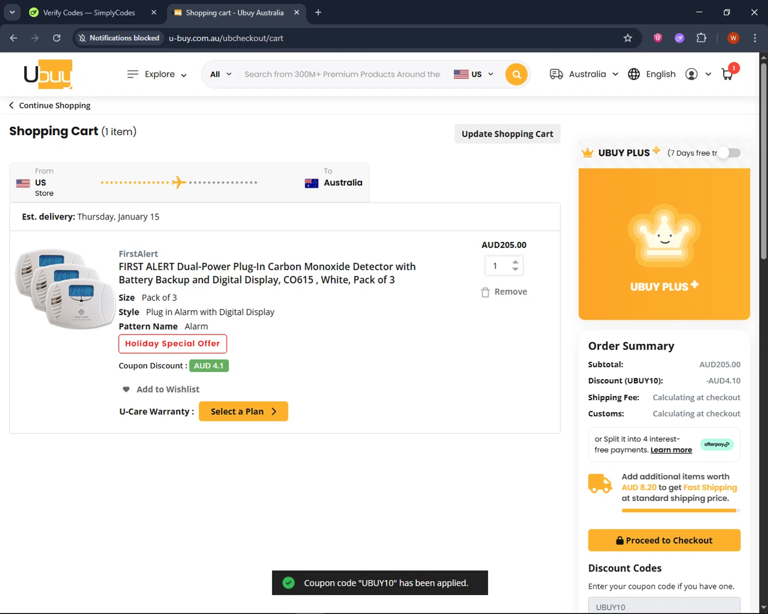 Ubuy Australia checkout page showing Ubuy Australia discount code box | Screenshot taken by SimplyCodes community member on Jan 7, 2026