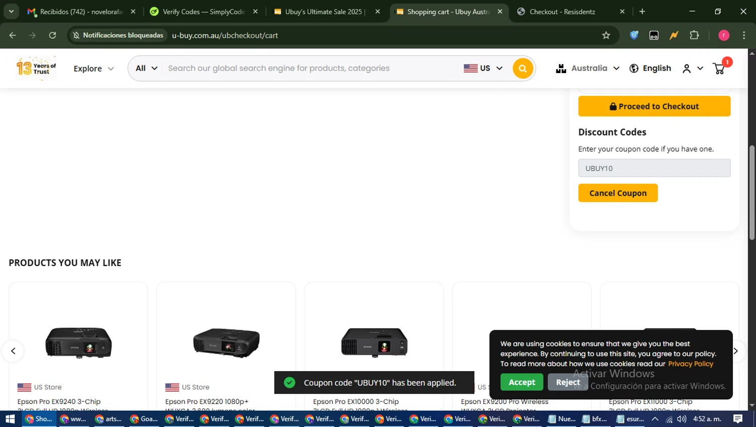 Ubuy Australia discount code screenshot showing code UBUY10 applied at Ubuy Australia checkout page. Uploaded by SimplyCodes community member WisePro3739 on Jun 27, 2025