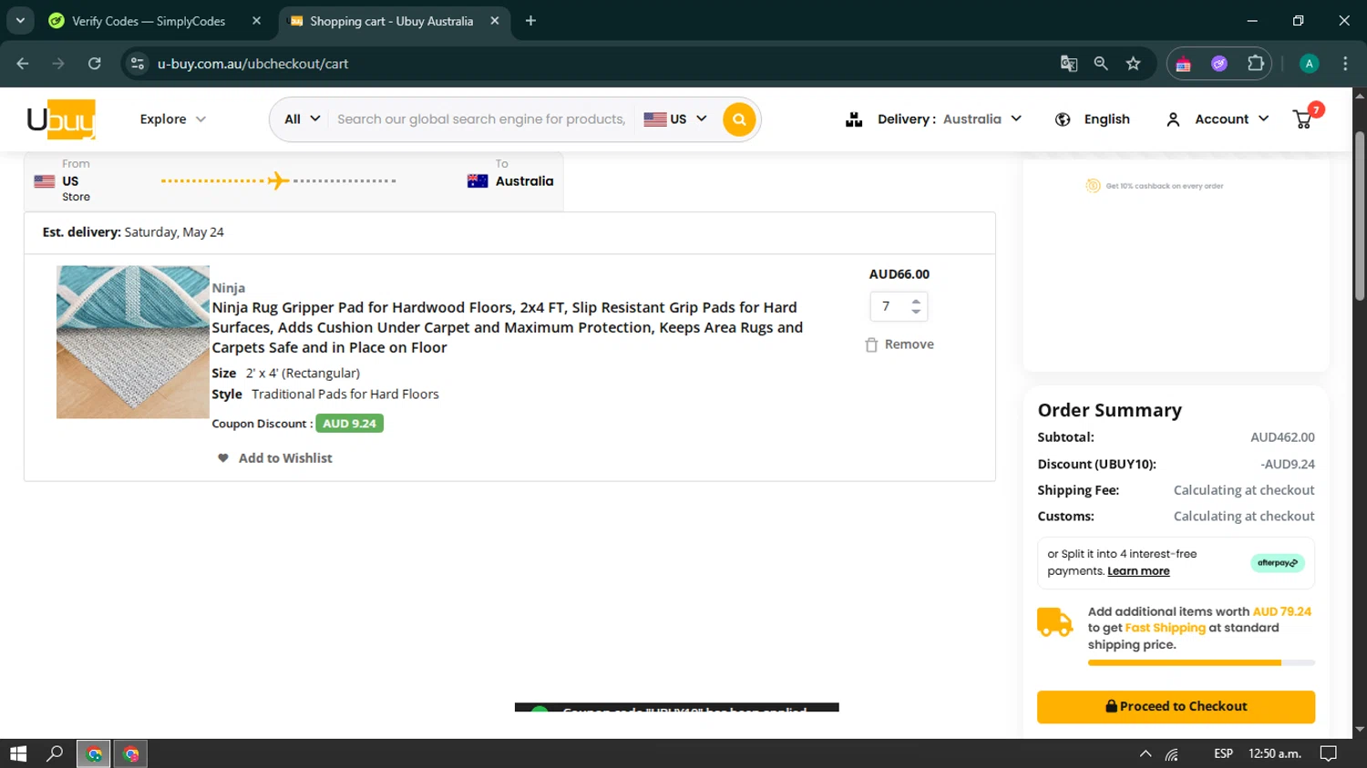 Ubuy Australia discount code screenshot showing code UBUY10 applied at Ubuy Australia checkout page. Uploaded by SimplyCodes community member simplycodescupons on May 16, 2025