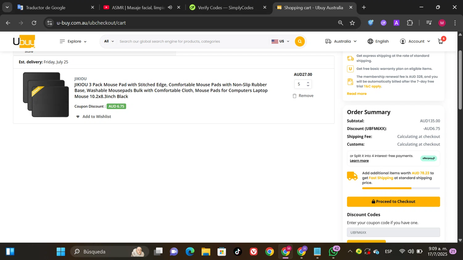 Ubuy Australia checkout page showing Ubuy Australia discount code box | Screenshot taken by SimplyCodes community member on Jul 17, 2025