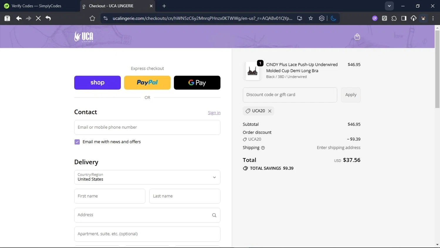 UCA Lingerie promo code screenshot showing code UCA20 applied at UCA Lingerie checkout page. Uploaded by SimplyCodes community member CleverPioneer8971 on Dec 3, 2025