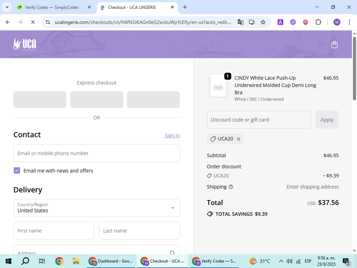 UCA Lingerie promo code screenshot showing code UCA20 applied at UCA Lingerie checkout page. Uploaded by SimplyCodes community member VoucherScout6115 on Sep 23, 2025