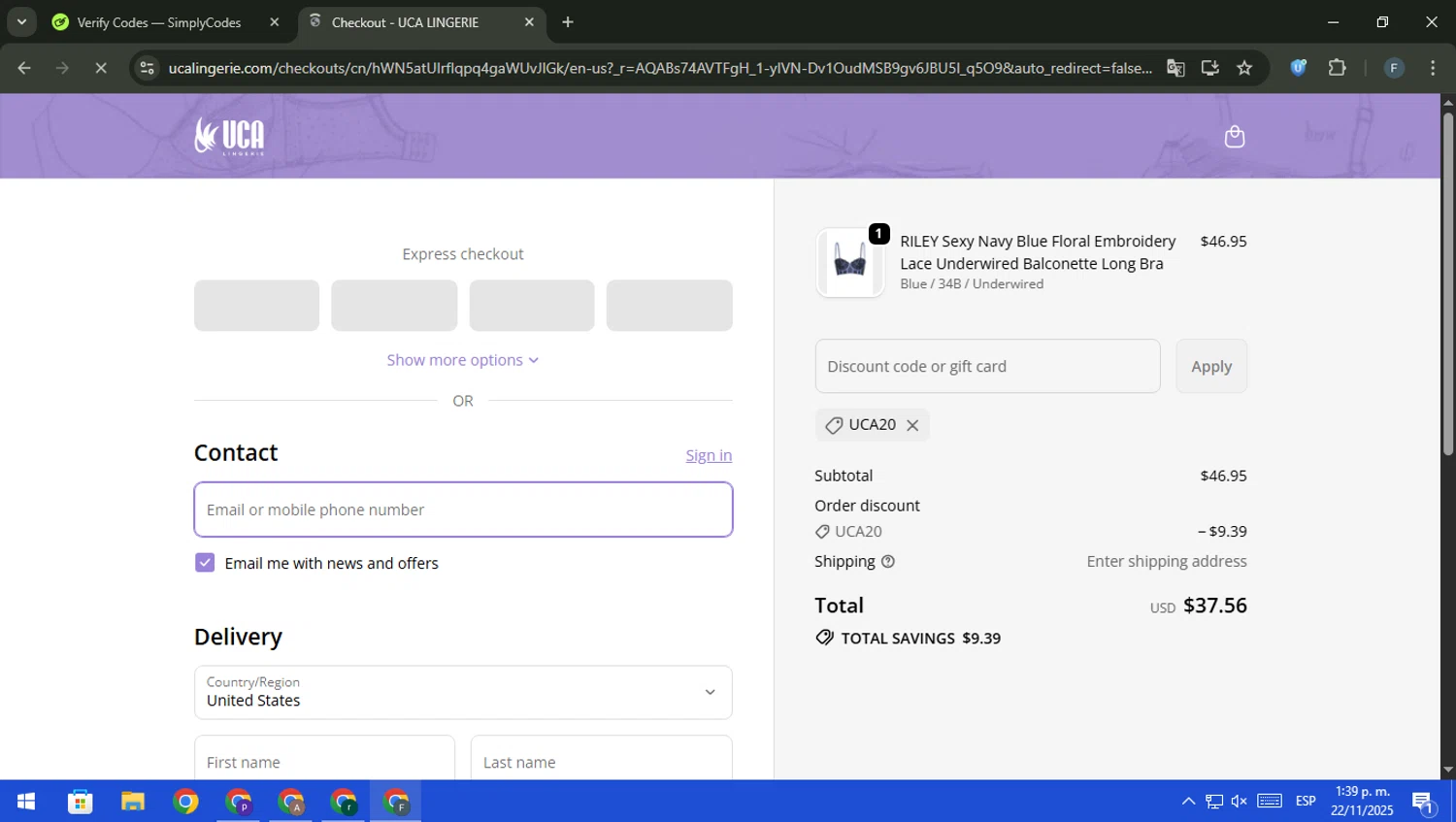 UCA Lingerie promo code screenshot showing code UCA20 applied at UCA Lingerie checkout page. Uploaded by SimplyCodes community member pajarito on Nov 22, 2025