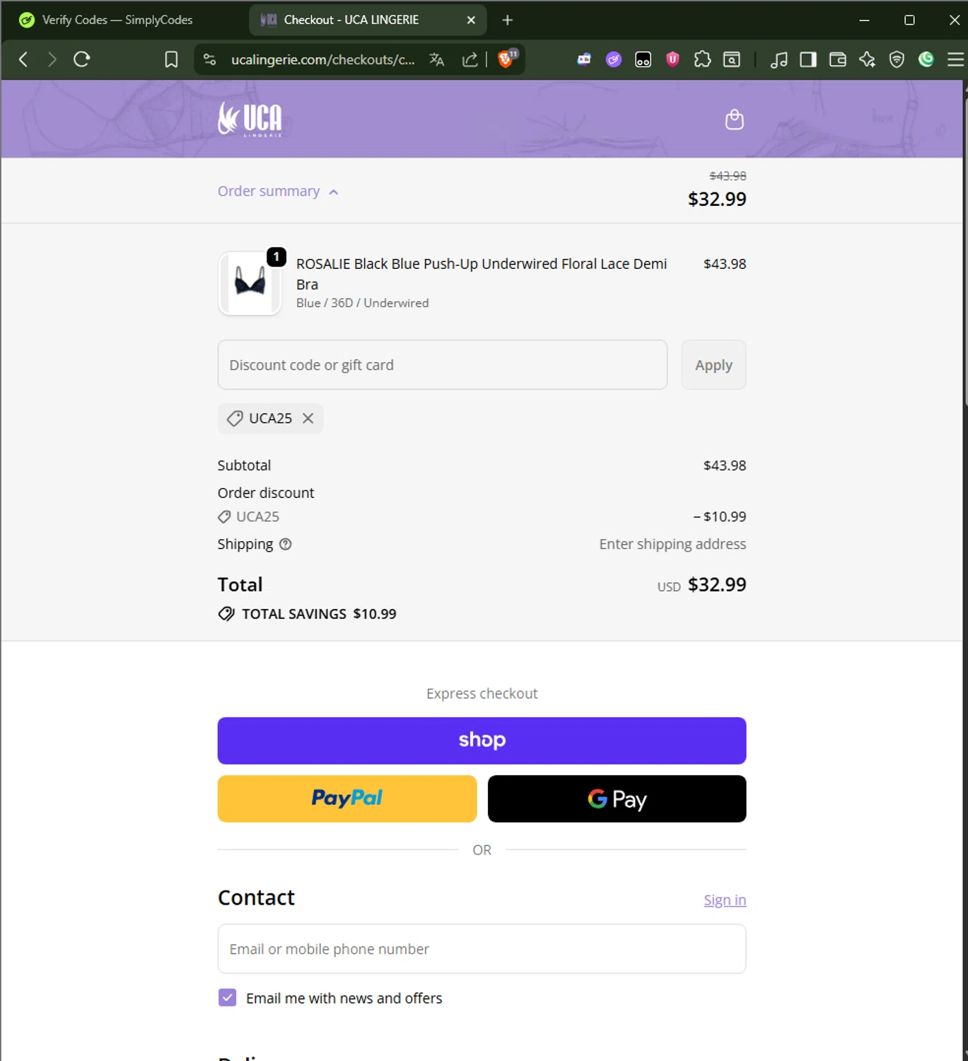 UCA Lingerie promo code screenshot showing code UCA25 applied at UCA Lingerie checkout page. Uploaded by SimplyCodes community member AliceLidell on Nov 17, 2025