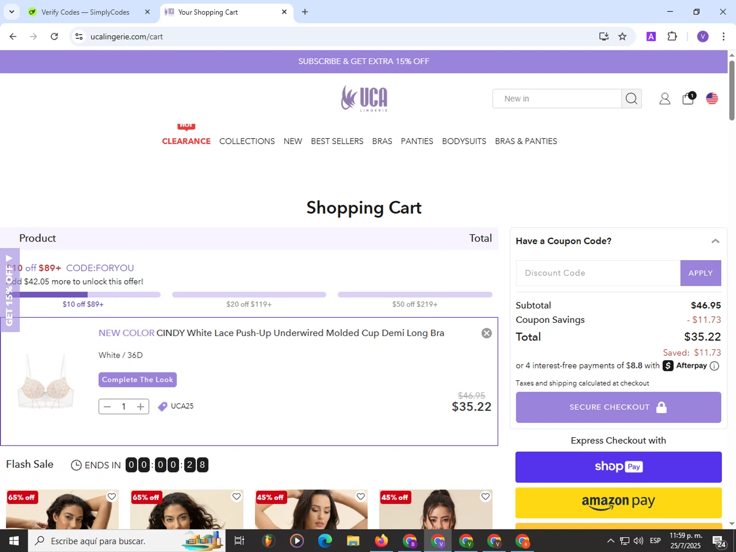 UCA Lingerie promo code screenshot showing code UCA25 applied at UCA Lingerie checkout page. Uploaded by SimplyCodes community member Satoru_gojo on Jul 26, 2025