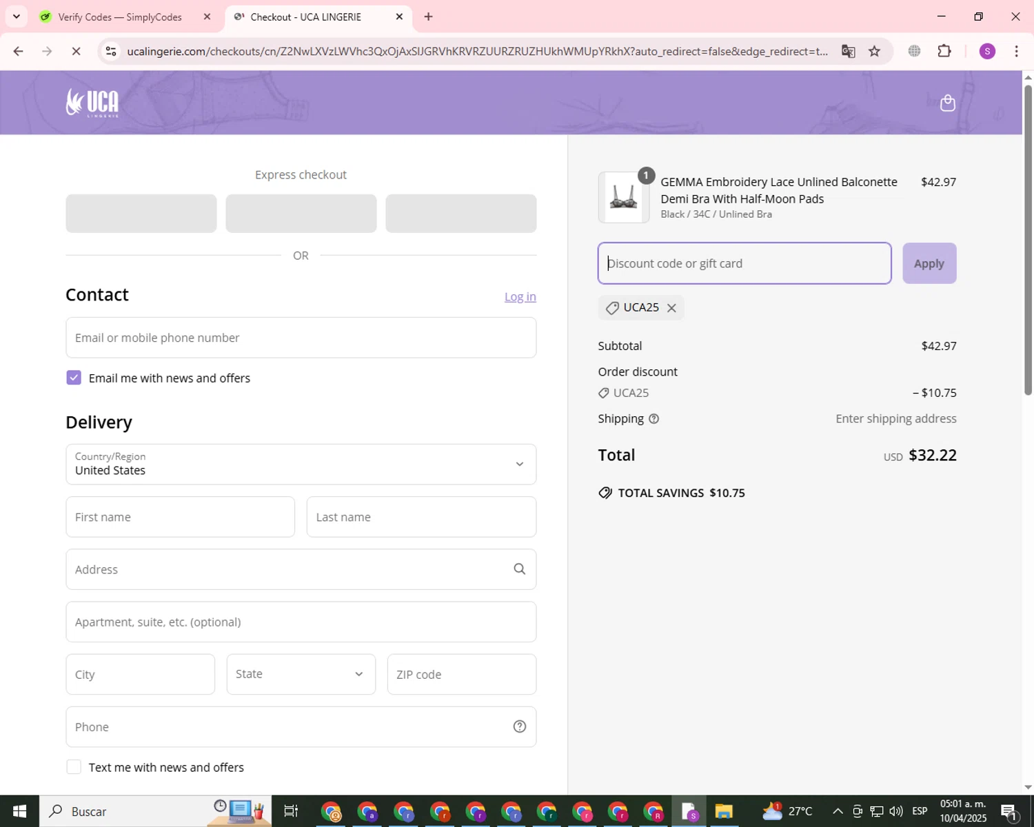 UCA Lingerie promo code screenshot showing code UCA25 applied at UCA Lingerie checkout page. Uploaded by SimplyCodes community member CouponScout7561 on Apr 10, 2025