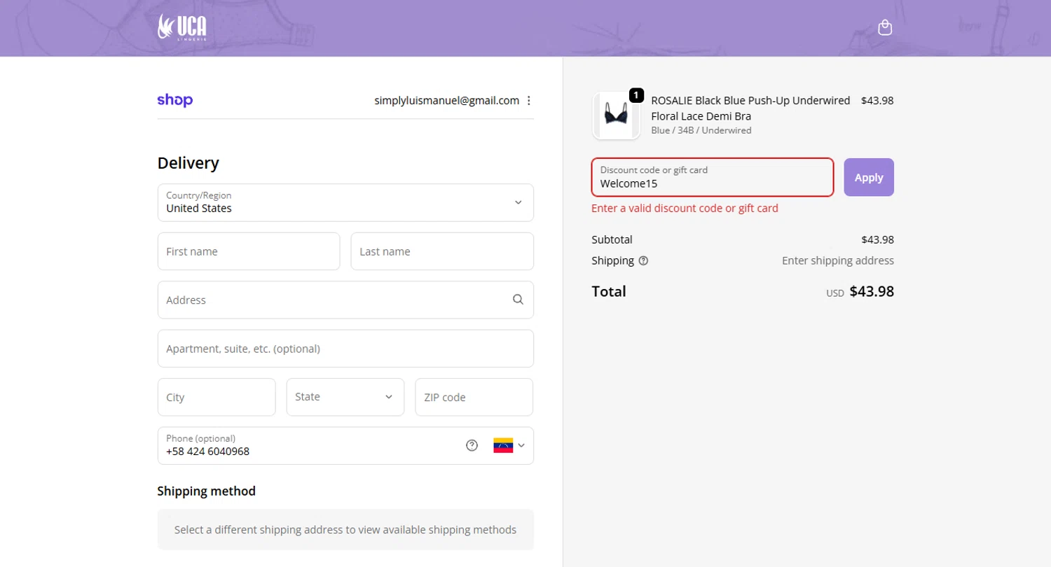 UCA Lingerie promo code screenshot showing code Welcome15 applied at UCA Lingerie checkout page. Uploaded by SimplyCodes community member CouponHero3179 on Nov 22, 2025