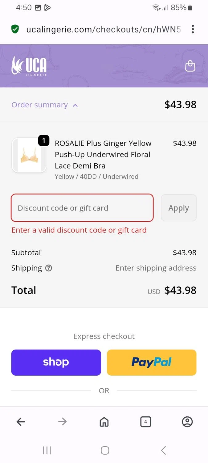 UCA Lingerie promo code screenshot showing code Welcome15 applied at UCA Lingerie checkout page. Uploaded by SimplyCodes community member MoneyMaven5115 on Nov 22, 2025