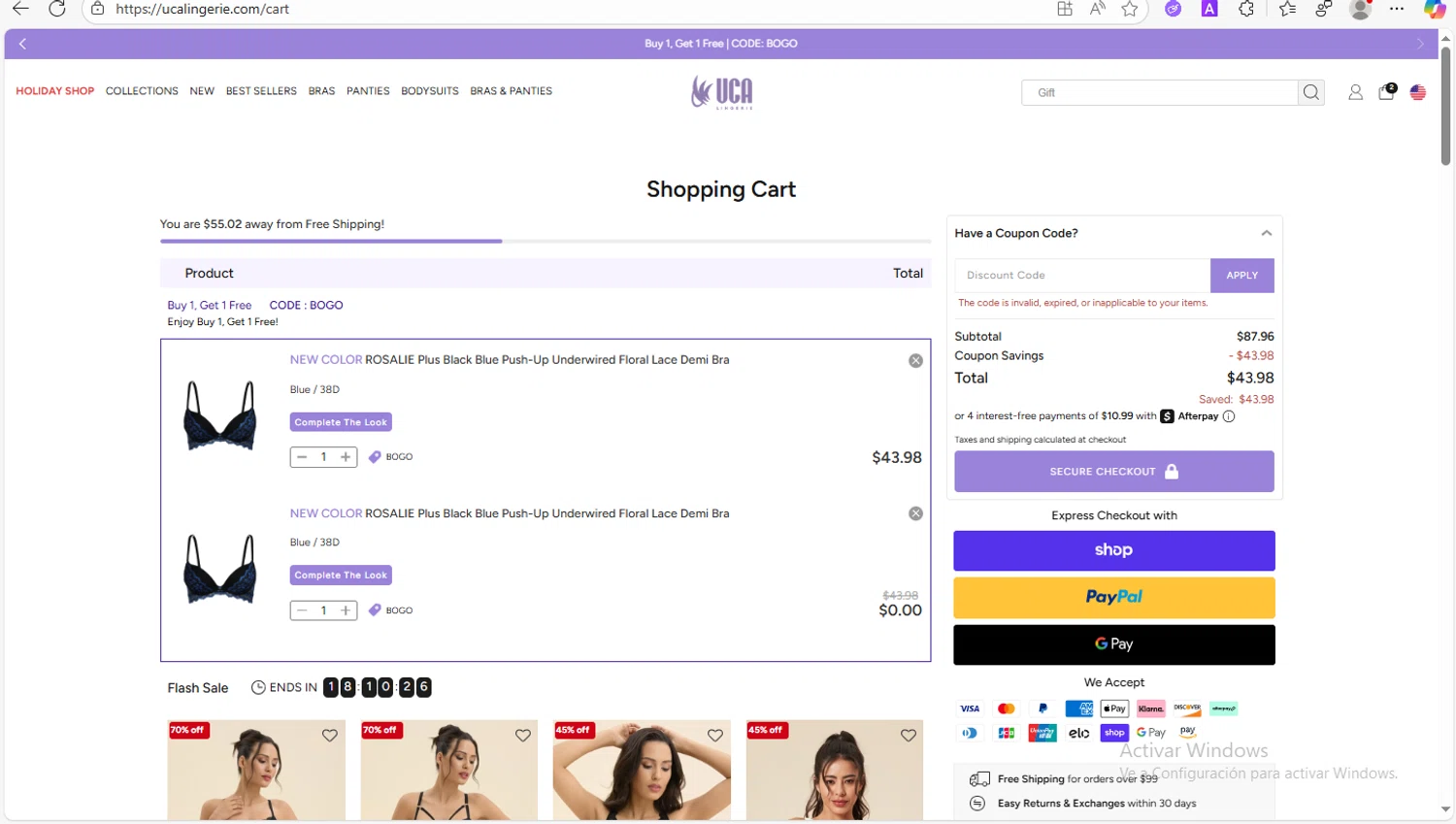 UCA Lingerie promo code screenshot showing code Uca30 applied at UCA Lingerie checkout page. Uploaded by SimplyCodes community member VoucherWhiz9254 on Nov 12, 2025