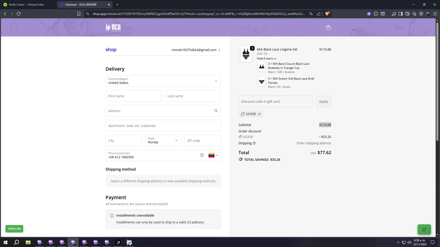 UCA Lingerie promo code screenshot showing code Uca30 applied at UCA Lingerie checkout page. Uploaded by SimplyCodes community member qqqqqqqqqqqqq on Nov 12, 2025