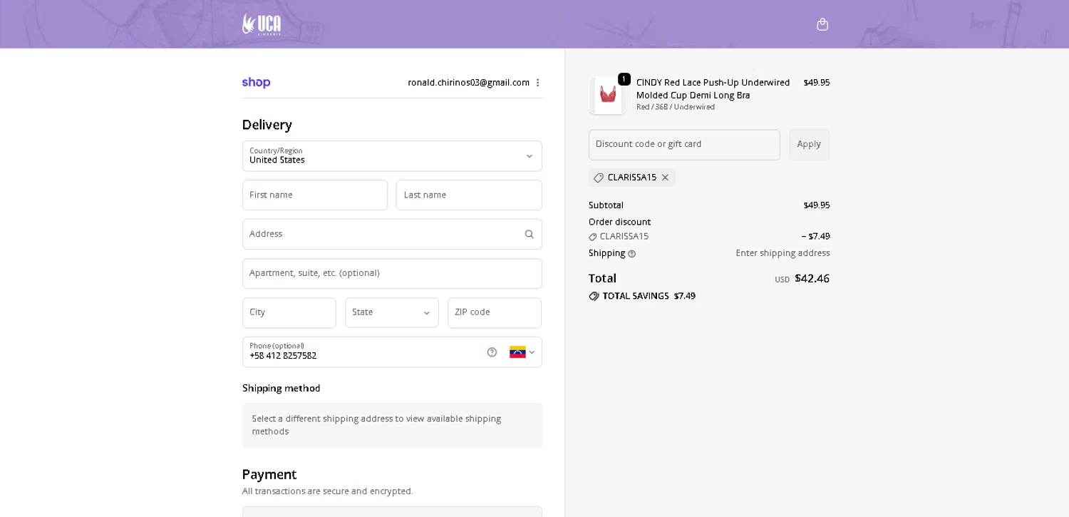 UCA Lingerie promo code screenshot showing code CLARISSA15 applied at UCA Lingerie checkout page. Uploaded by SimplyCodes community member davisams on Dec 21, 2025