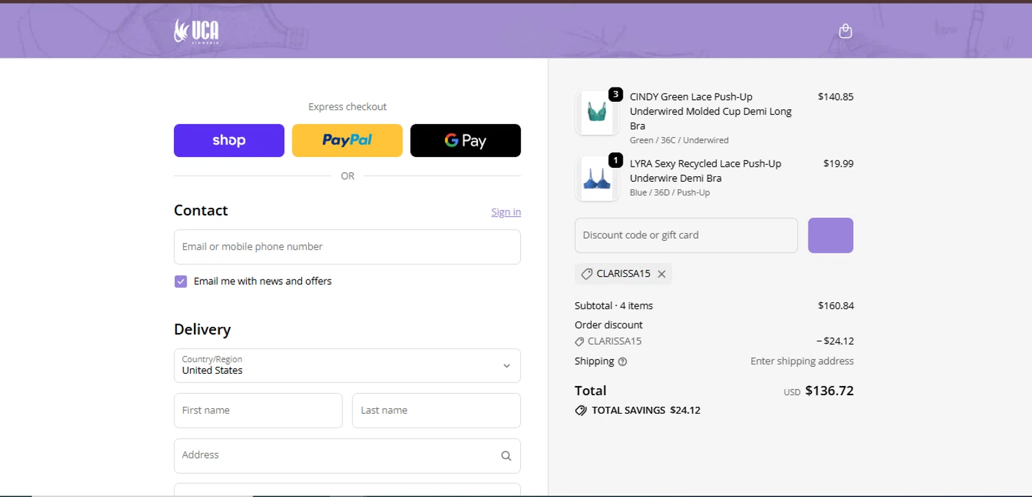 UCA Lingerie promo code screenshot showing code CLARISSA15 applied at UCA Lingerie checkout page. Uploaded by SimplyCodes community member juanisaac on Nov 14, 2025