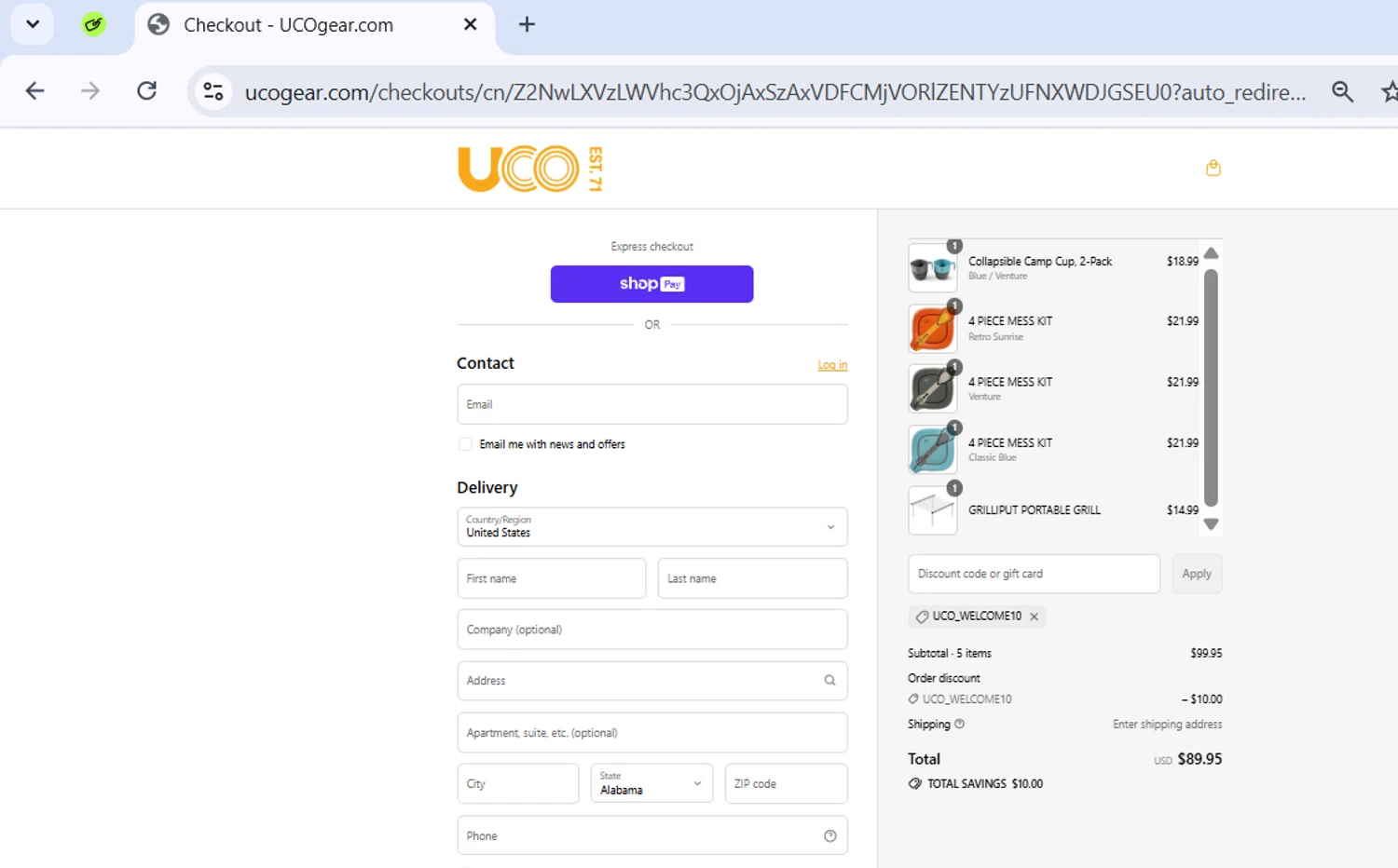 UCO Gear promo code screenshot showing code UCO_Welcome10 applied at UCO Gear checkout page. Uploaded by SimplyCodes community member ExtraordinarySeeker9807 on Jul 13, 2025