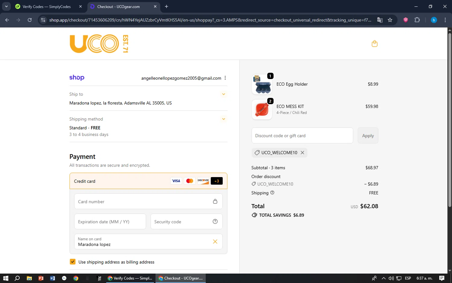 UCO Gear promo code screenshot showing code UCO_Welcome10 applied at UCO Gear checkout page. Uploaded by SimplyCodes community member bilijr on Oct 26, 2025