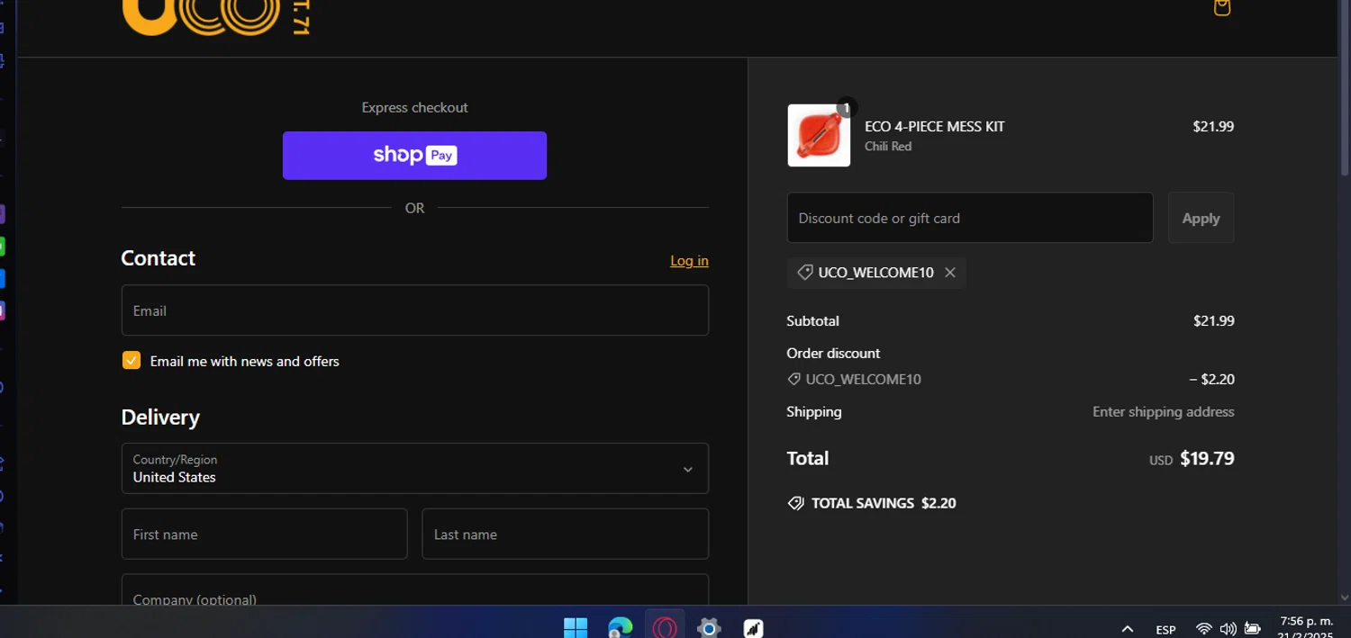 UCO Gear promo code screenshot showing code UCO_Welcome10 applied at UCO Gear checkout page. Uploaded by SimplyCodes community member chepipi on Feb 21, 2025