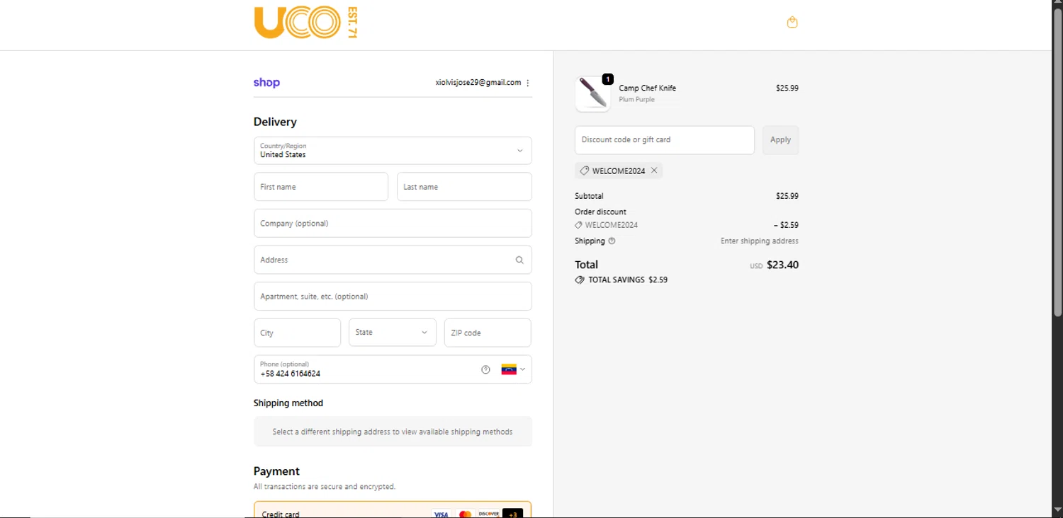 UCO Gear promo code screenshot showing code Welcome2024 applied at UCO Gear checkout page. Uploaded by SimplyCodes community member Xiooh29 on Oct 26, 2025