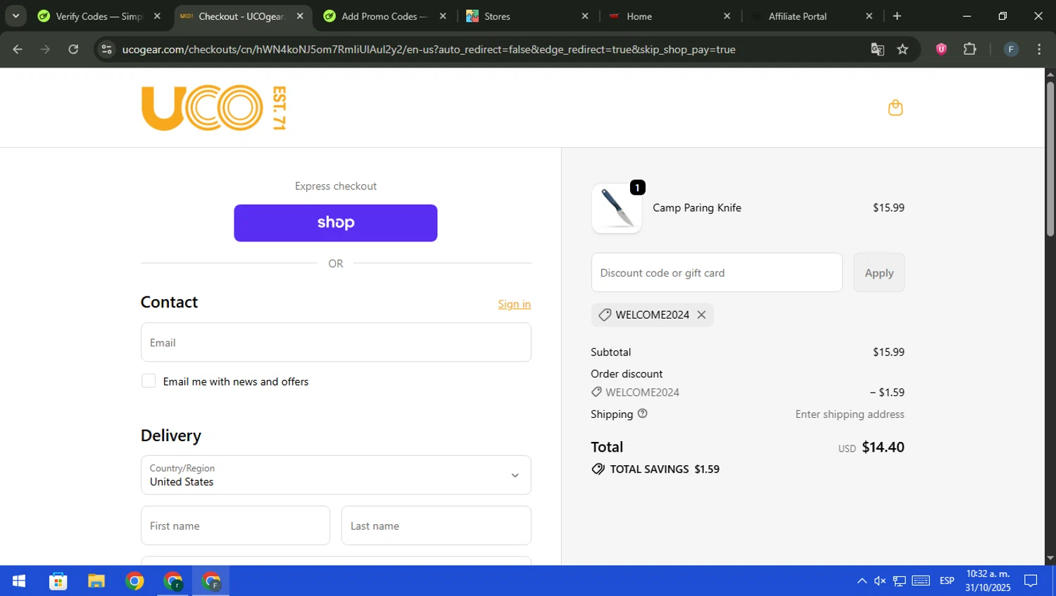 UCO Gear promo code screenshot showing code Welcome2024 applied at UCO Gear checkout page. Uploaded by SimplyCodes community member pajarito on Oct 31, 2025