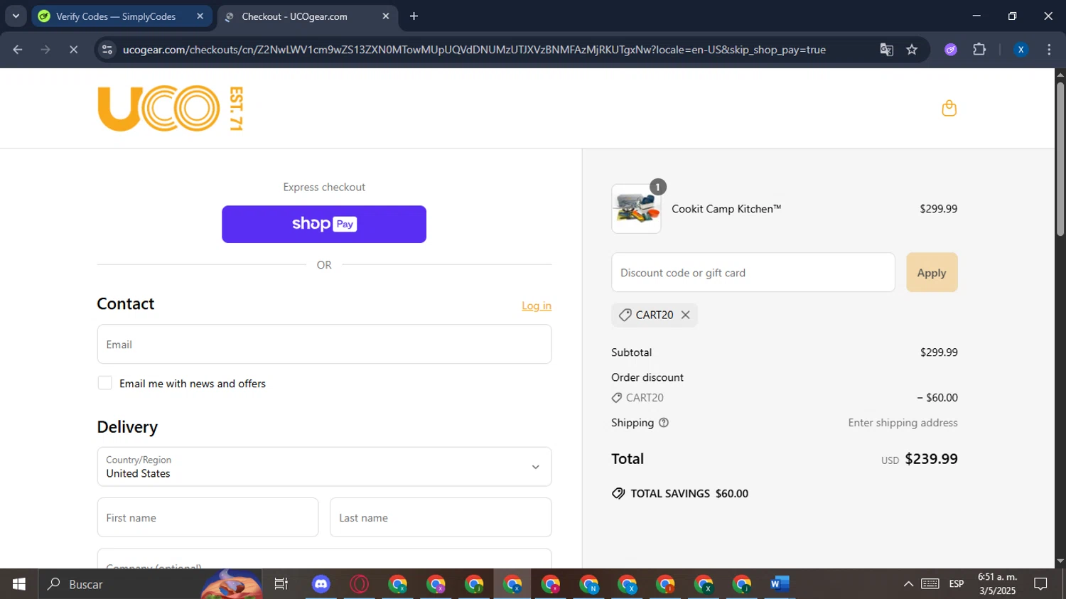 UCO Gear promo code screenshot showing code CART20 applied at UCO Gear checkout page. Uploaded by SimplyCodes community member ExtraordinaryOwl2235 on May 3, 2025