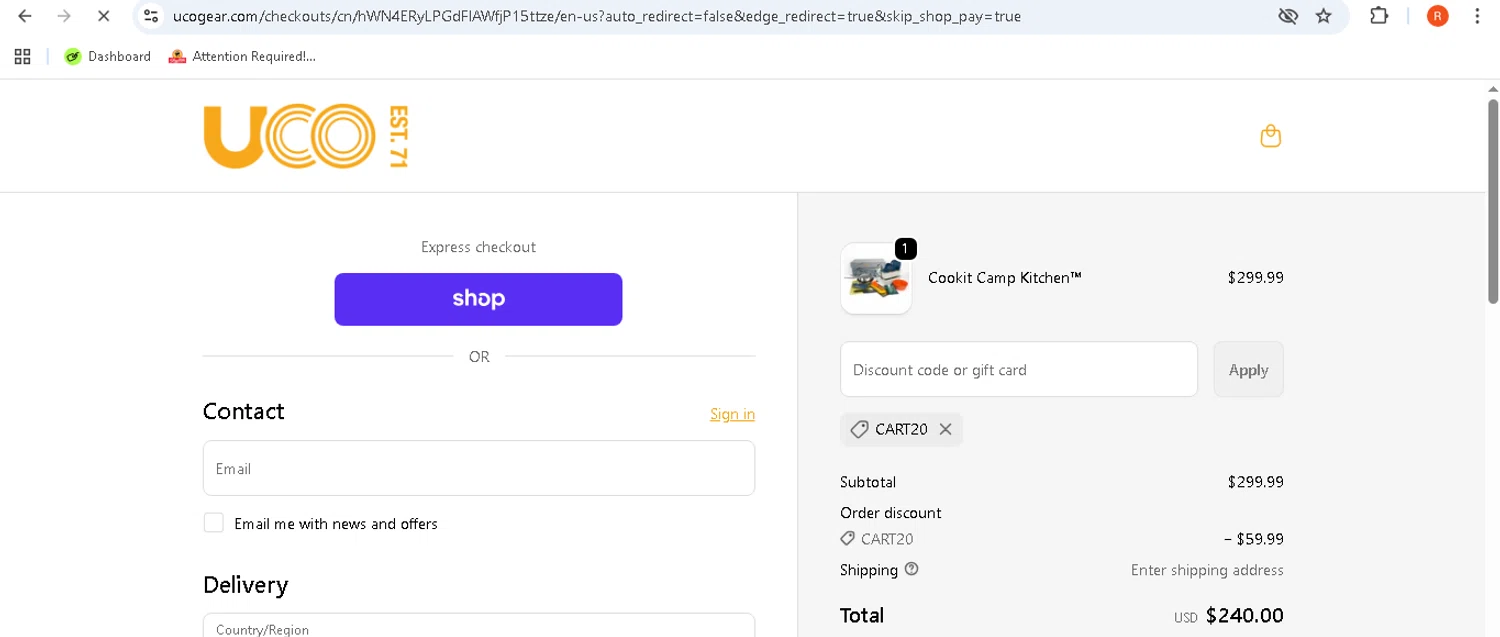 UCO Gear promo code screenshot showing code CART20 applied at UCO Gear checkout page. Uploaded by SimplyCodes community member rodolfocaraballo on Oct 17, 2025
