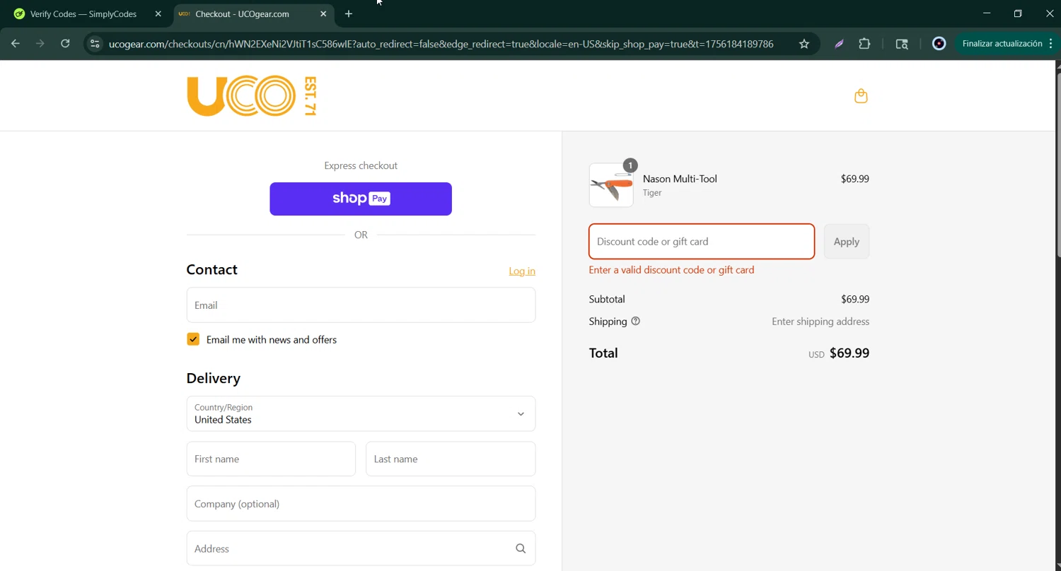 UCO Gear promo code screenshot showing code KNIFEDAY applied at UCO Gear checkout page. Uploaded by SimplyCodes community member Bernard_Lowe on Aug 26, 2025
