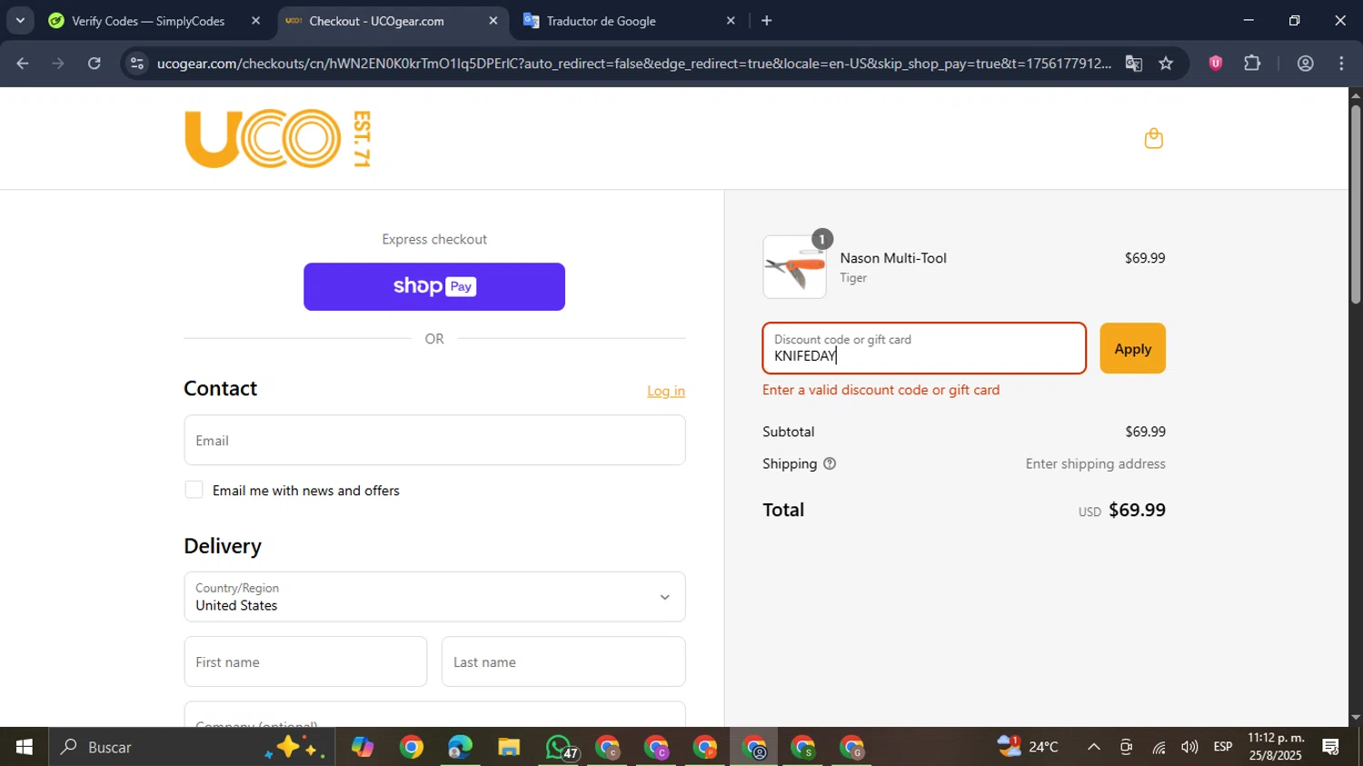 UCO Gear promo code screenshot showing code KNIFEDAY applied at UCO Gear checkout page. Uploaded by SimplyCodes community member GloriousDefender7889 on Aug 26, 2025