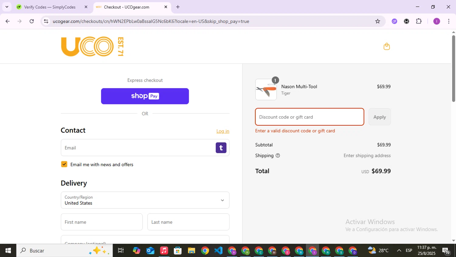 UCO Gear promo code screenshot showing code KNIFEDAY applied at UCO Gear checkout page. Uploaded by SimplyCodes community member RebateAce6764 on Aug 26, 2025