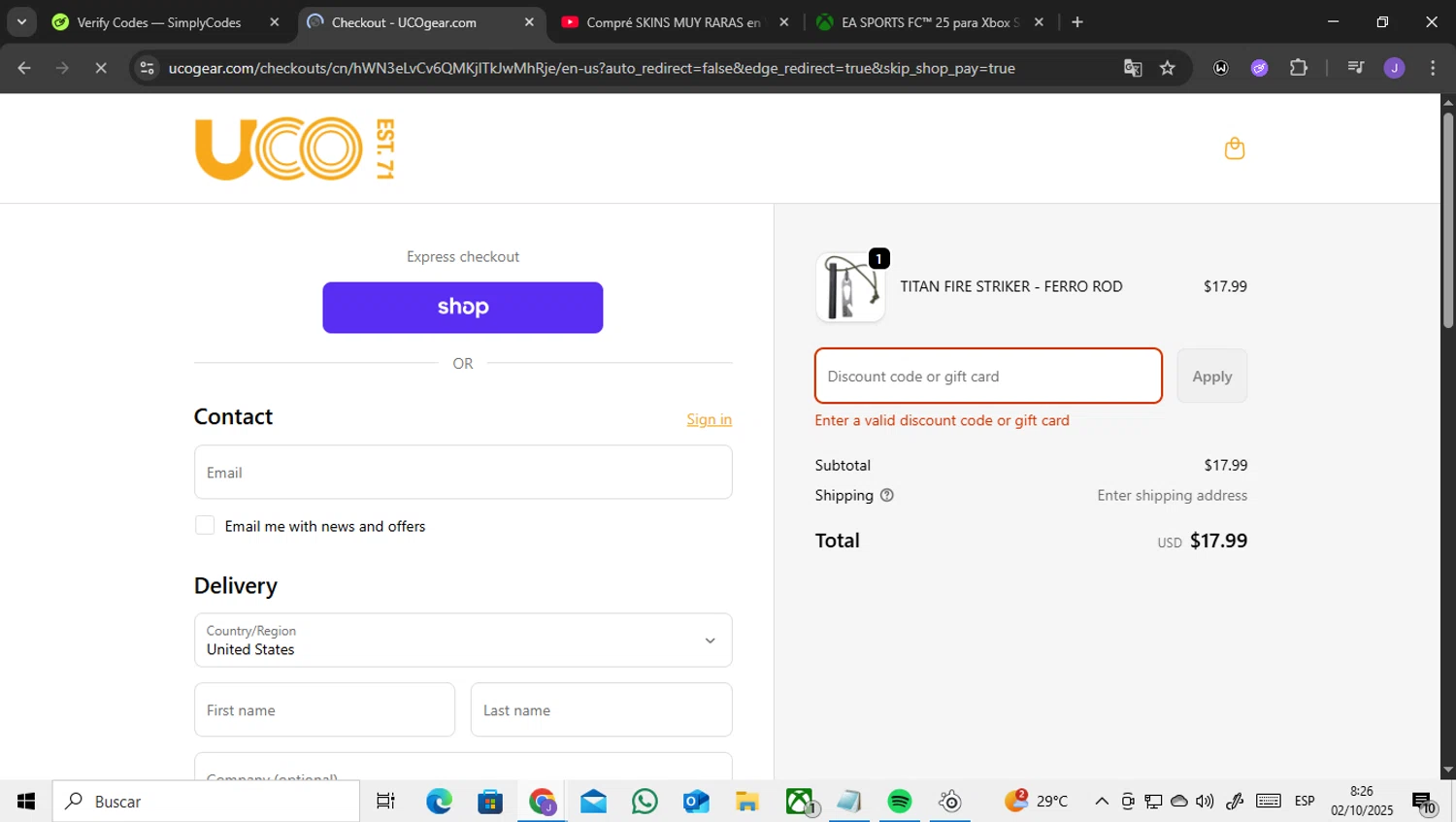 UCO Gear promo code screenshot showing code fire applied at UCO Gear checkout page. Uploaded by SimplyCodes community member ENCARAMESSI on Oct 2, 2025