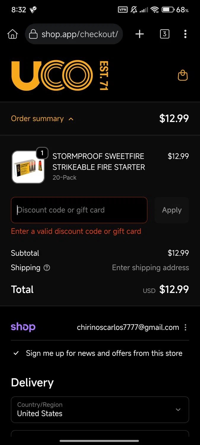 UCO Gear promo code screenshot showing code fire applied at UCO Gear checkout page. Uploaded by SimplyCodes community member Enmanuel17 on Oct 2, 2025