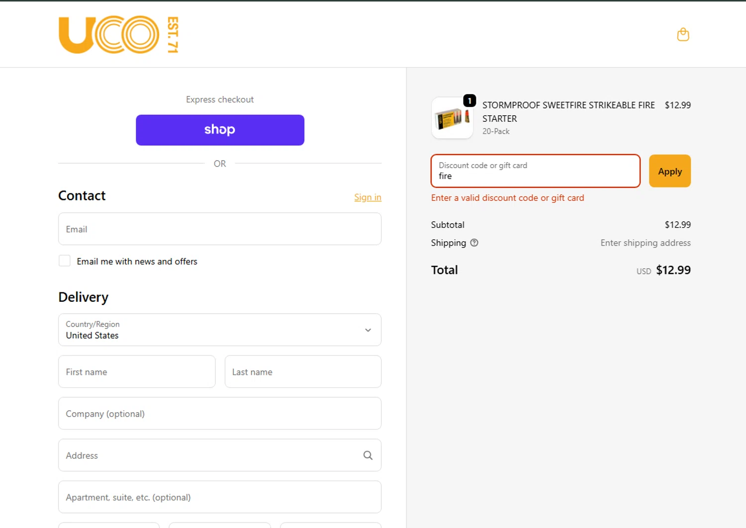 UCO Gear promo code screenshot showing code fire applied at UCO Gear checkout page. Uploaded by SimplyCodes community member enzoonova on Oct 2, 2025