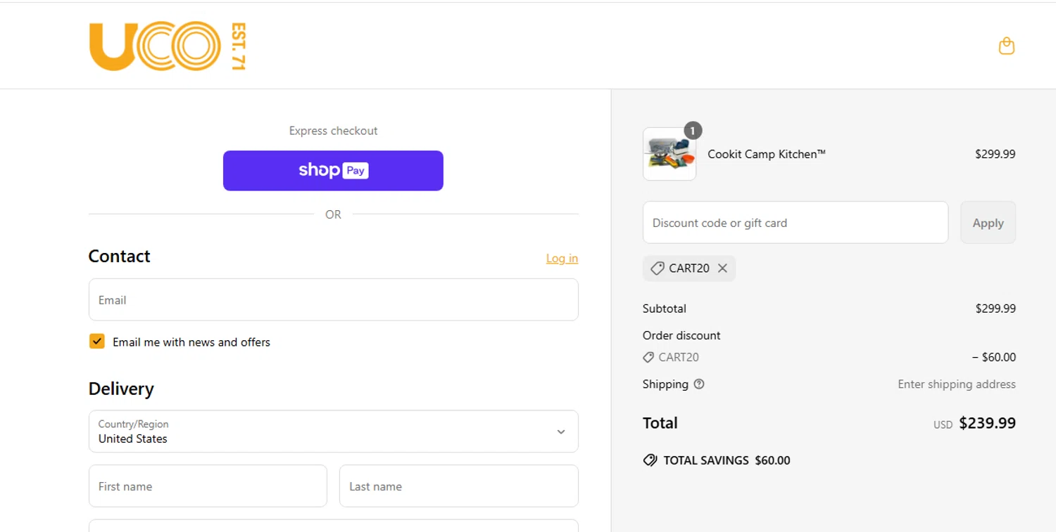 UCO Gear promo code screenshot showing code CART20 applied at UCO Gear checkout page. Uploaded by SimplyCodes community member shark12 on May 3, 2025