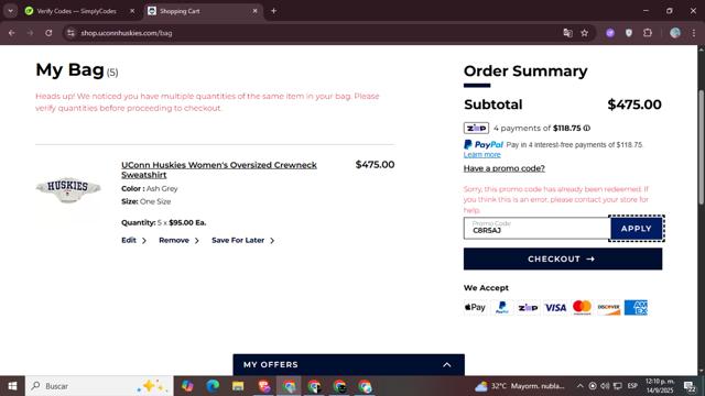 UConn Huskies checkout page showing UConn Huskies promo code box | Screenshot taken by SimplyCodes community member on Sep 14, 2025