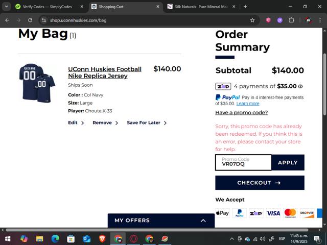 UConn Huskies checkout page showing UConn Huskies promo code box | Screenshot taken by SimplyCodes community member on Sep 14, 2025