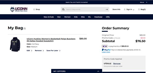 UConn Huskies checkout page showing UConn Huskies promo code box | Screenshot taken by SimplyCodes community member on Sep 13, 2025