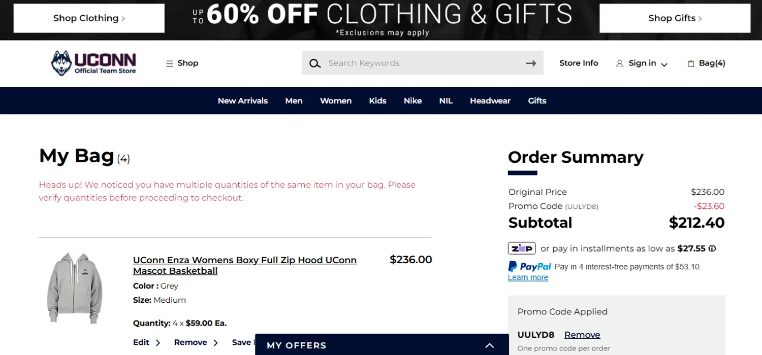 UConn Huskies checkout page showing UConn Huskies promo code box | Screenshot taken by SimplyCodes community member on Dec 31, 2025