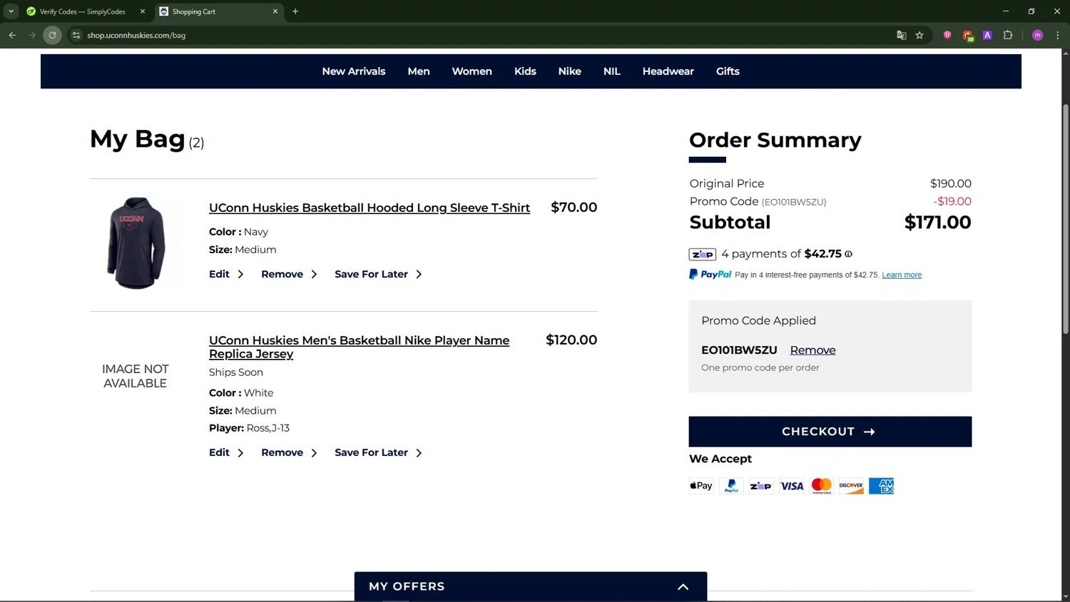 UConn Huskies checkout page showing UConn Huskies promo code box | Screenshot taken by SimplyCodes community member on Jan 2, 2026