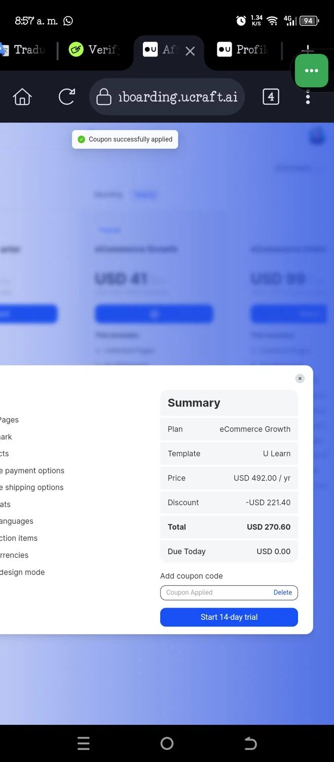 Ucraft promo code screenshot showing code HALLO-WIN applied at Ucraft checkout page. Uploaded by SimplyCodes community member JannyiseaN on Dec 21, 2025