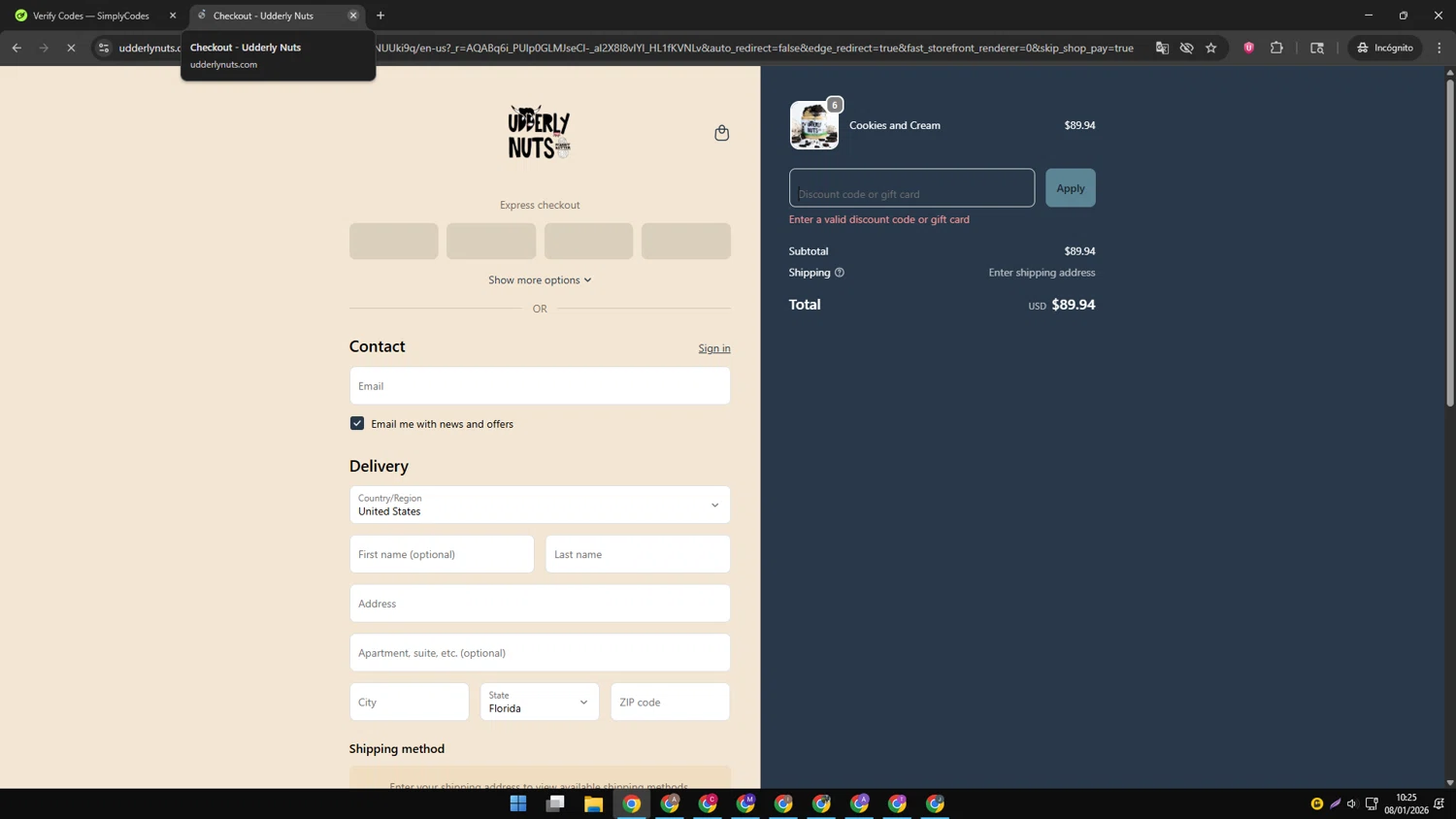 Udderly Nuts discount code screenshot showing code TAKE10 applied at Udderly Nuts checkout page. Uploaded by SimplyCodes community member AVAMUSTANG on Jan 8, 2026