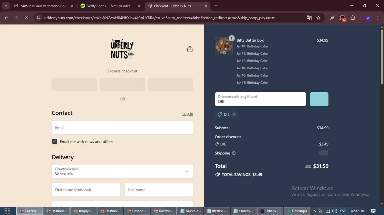 Udderly Nuts discount code screenshot showing code DIE applied at Udderly Nuts checkout page. Uploaded by SimplyCodes community member LegendaryLegend9872 on Sep 4, 2025