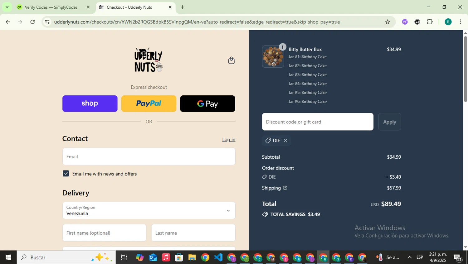 Udderly Nuts discount code screenshot showing code DIE applied at Udderly Nuts checkout page. Uploaded by SimplyCodes community member SavingsLegend387 on Sep 4, 2025