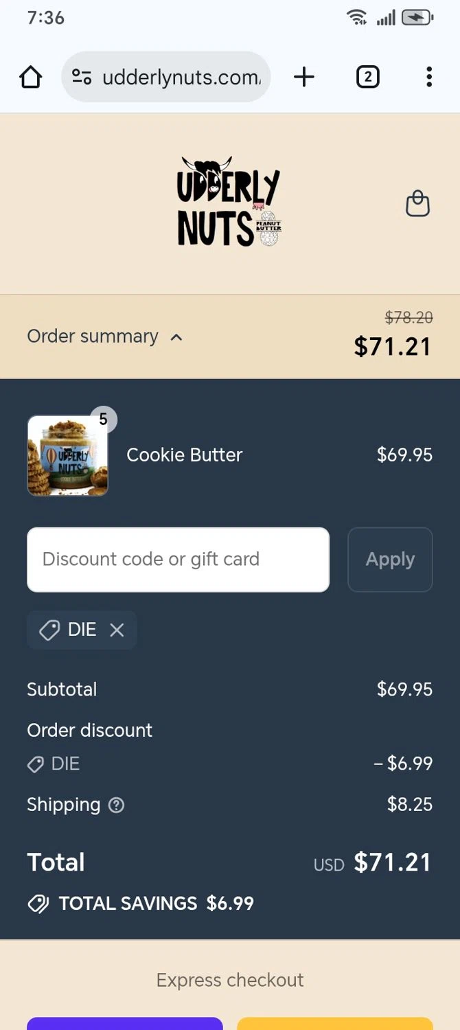 Udderly Nuts discount code screenshot showing code DIE applied at Udderly Nuts checkout page. Uploaded by SimplyCodes community member franksanchez on Aug 9, 2025