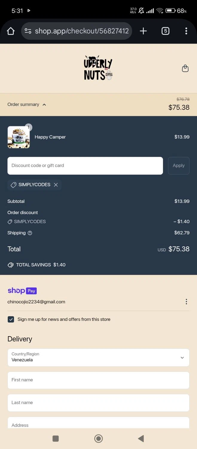 Udderly Nuts discount code screenshot showing code SIMPLYCODES applied at Udderly Nuts checkout page. Uploaded by SimplyCodes community member Jutdcv on Jun 19, 2025