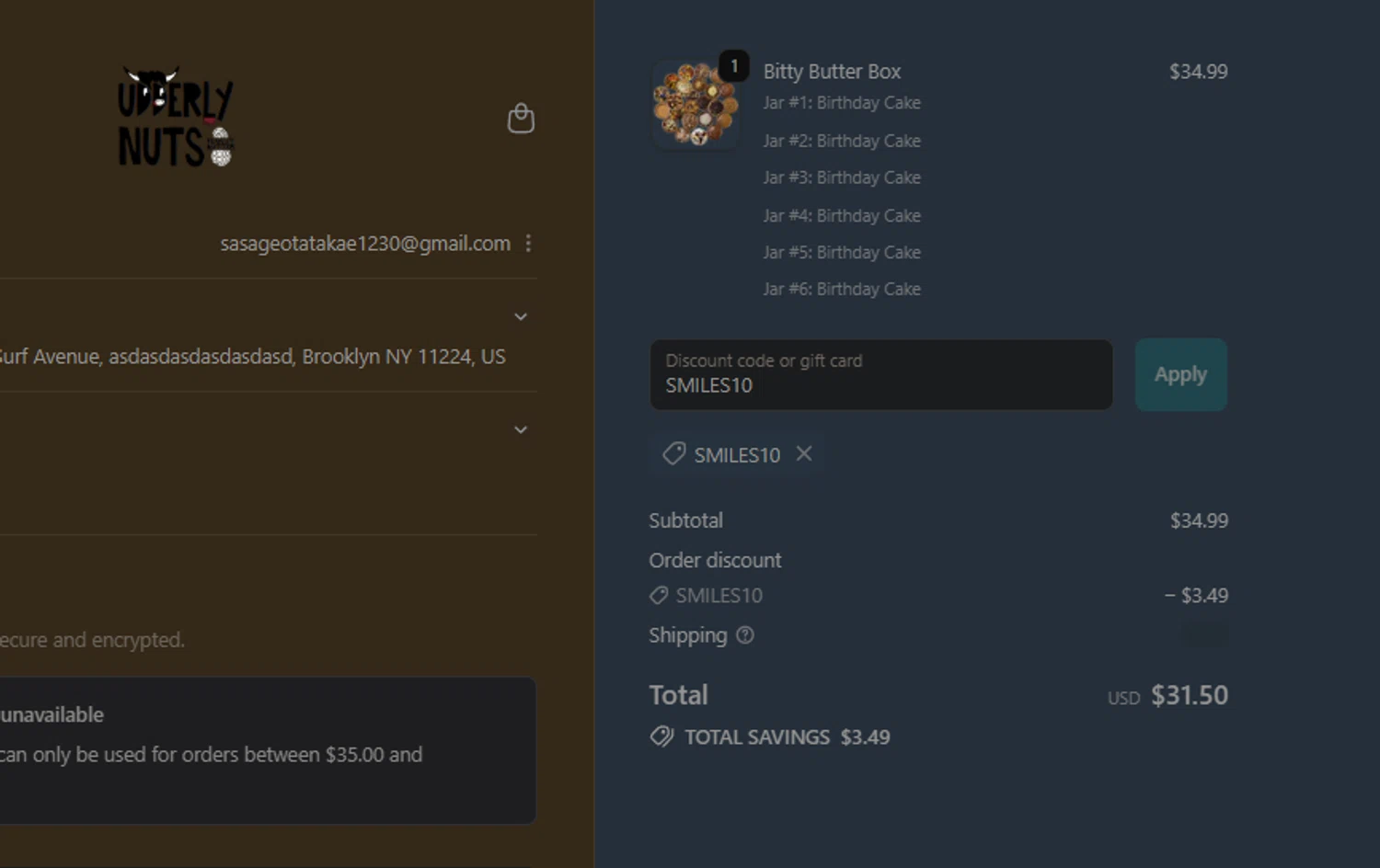 Udderly Nuts discount code screenshot showing code SMILES10 applied at Udderly Nuts checkout page. Uploaded by SimplyCodes community member FIREINTHEHOLE on Oct 7, 2025